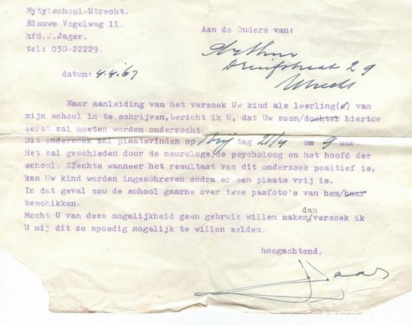 briefje neurologisch onderzoek toelating mytylschool, gedateerd 4 april 1967